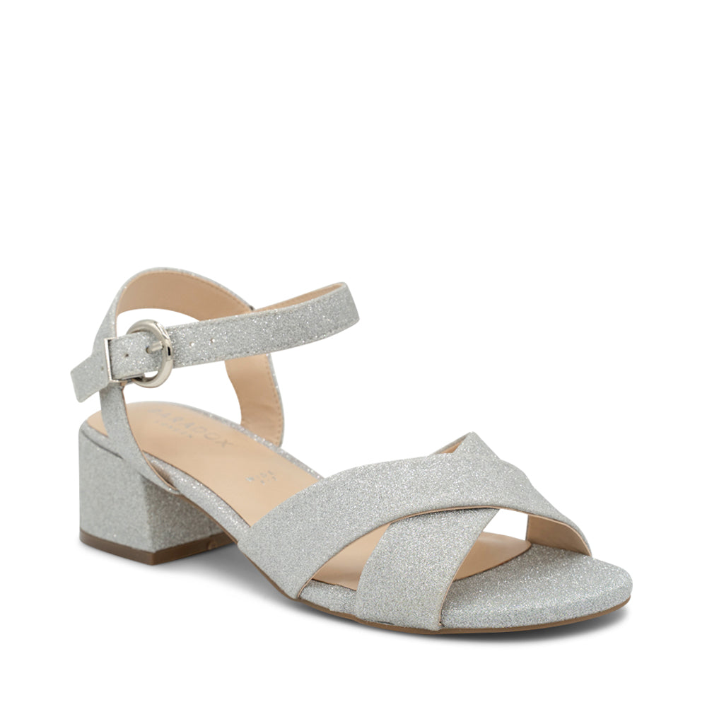 Paradox London Neala Wide Fit Sandals Silver Shimmer Wide Fit Low Block Heel Ankle Strap Sandals