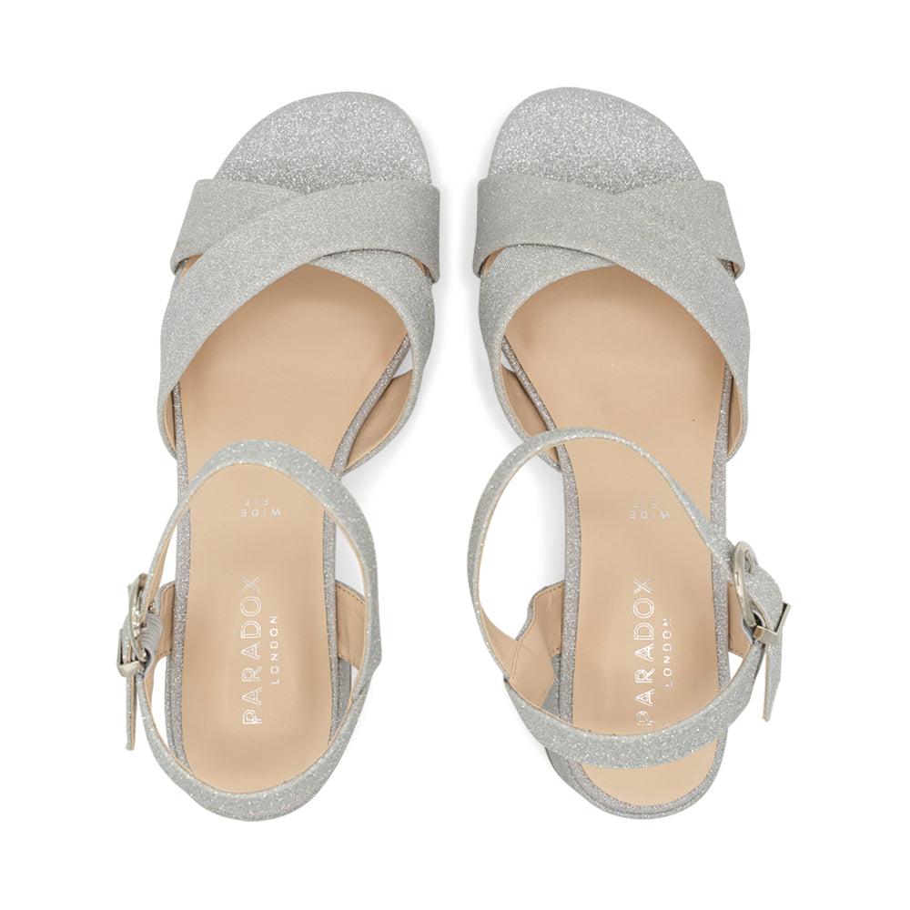 Paradox London Neala Wide Fit Sandals Silver Shimmer Wide Fit Low Block Heel Ankle Strap Sandals