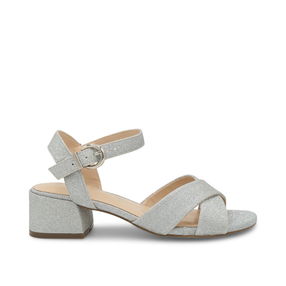 paradox london Neala Wide Fit Sandals Silver Shimmer Wide Fit Low Block Heel Ankle Strap Sandals