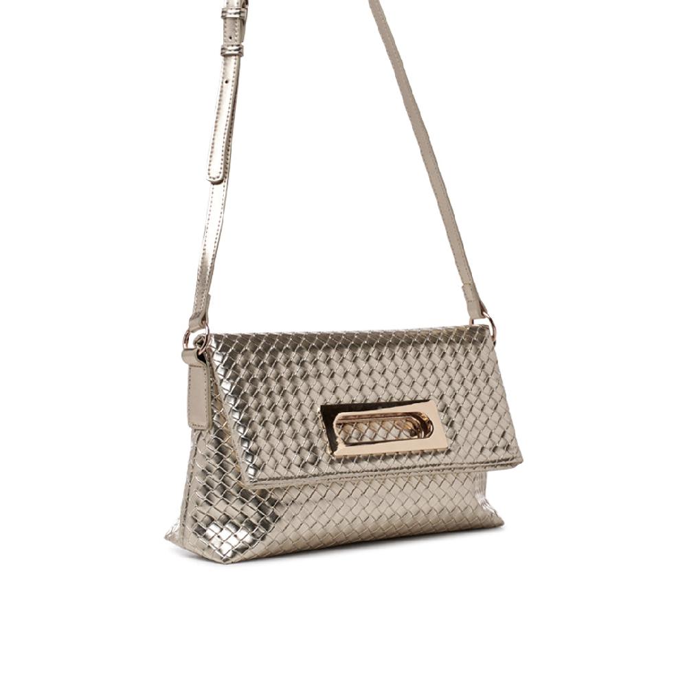 Paradox London Omara Crossbody Bag Champagne Woven Metallic Handbag