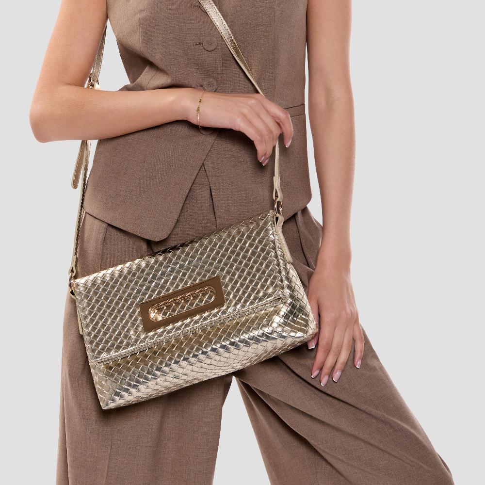 Paradox London Omara Crossbody Bag Champagne Woven Metallic Handbag