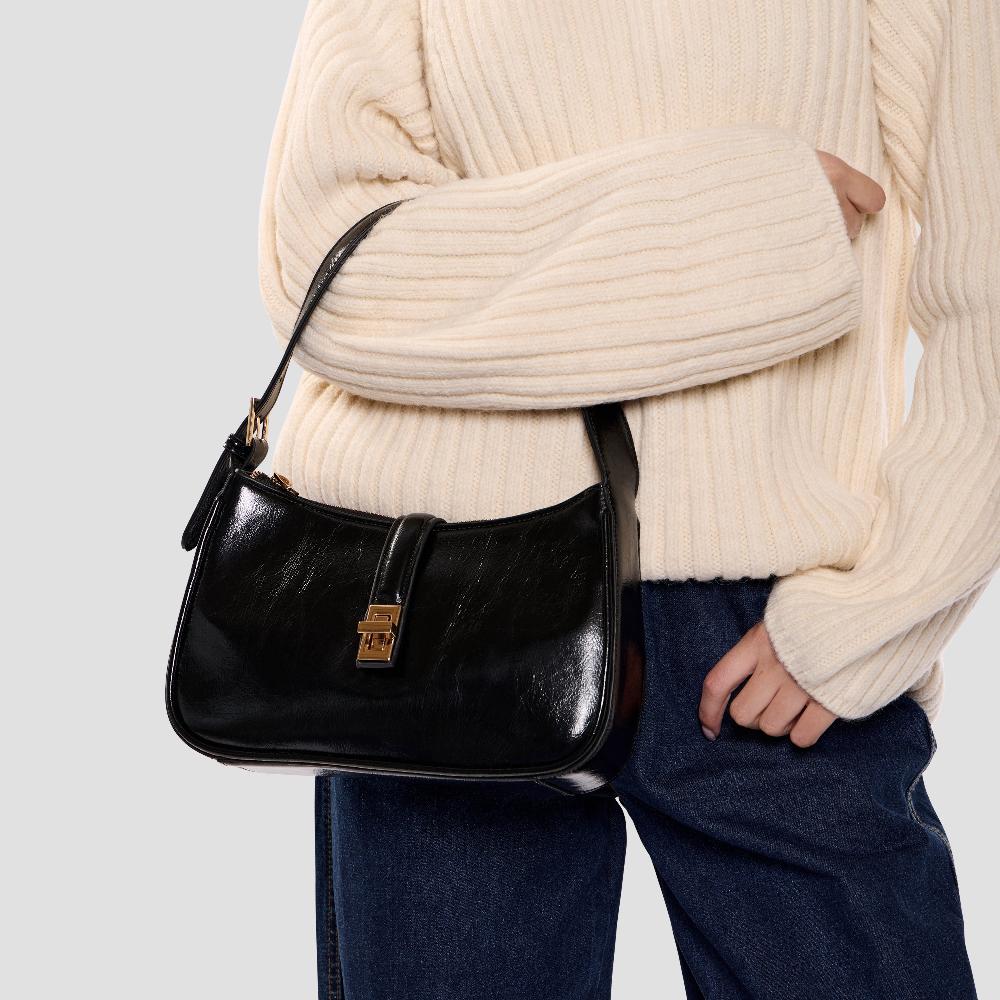 Paradox London Orabella Handbag Black Lacquer Faux Leather Shoulder Bag