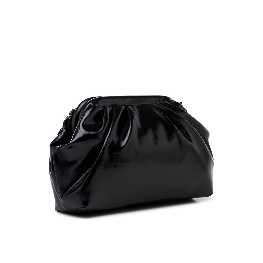 Paradox London Oscara Clutch Bag Black Lacquer Faux Leather Pleated Clutch Bag