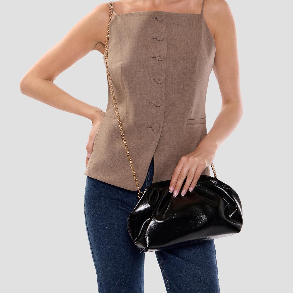 Paradox London Oscara Clutch Bag Black Lacquer Faux Leather Pleated Clutch Bag