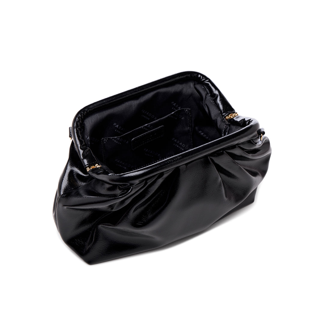 Paradox London Oscara Clutch Bag Black Lacquer Faux Leather Pleated Clutch Bag