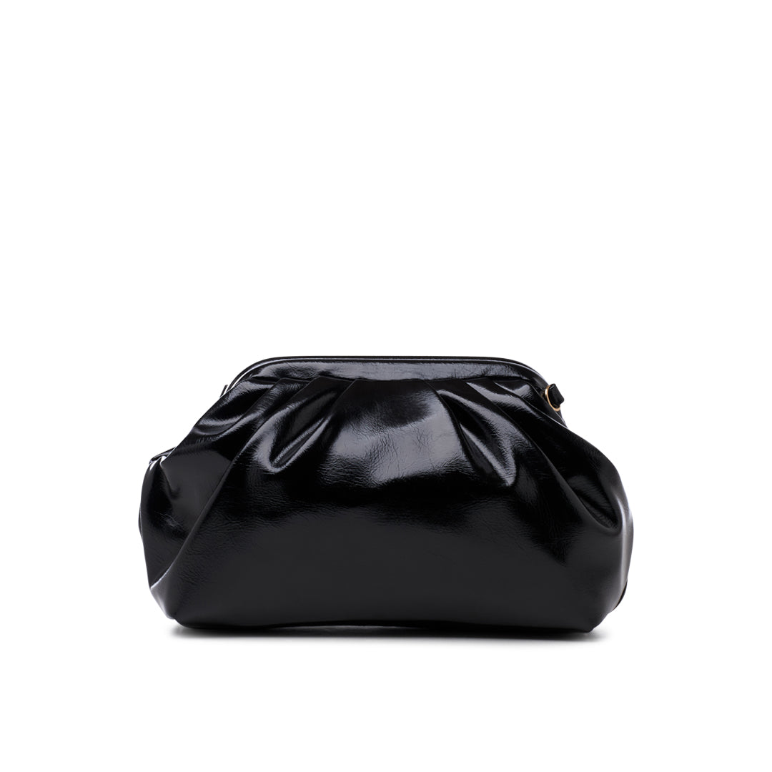paradox london Oscara Clutch Bag Black Lacquer Faux Leather Pleated Clutch Bag