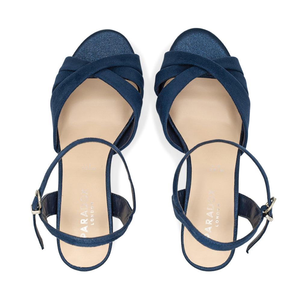 Paradox London Talor Wide Fit Sandals Navy Micro Suede Wide Fit Mid Heel Sandals