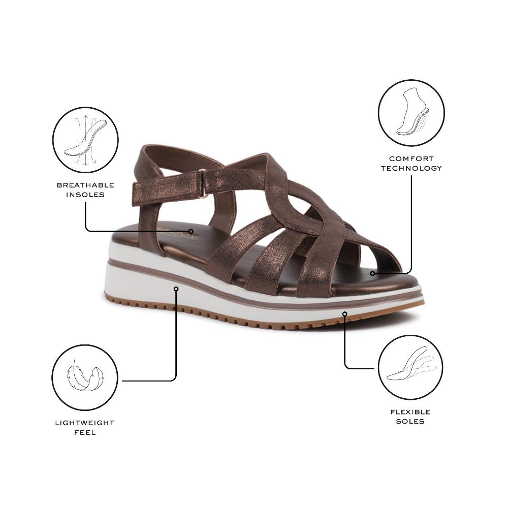Paradox London Vera Wedge Sandals Bronze Shimmer Comfort Fit T-bar Wedge Sandals