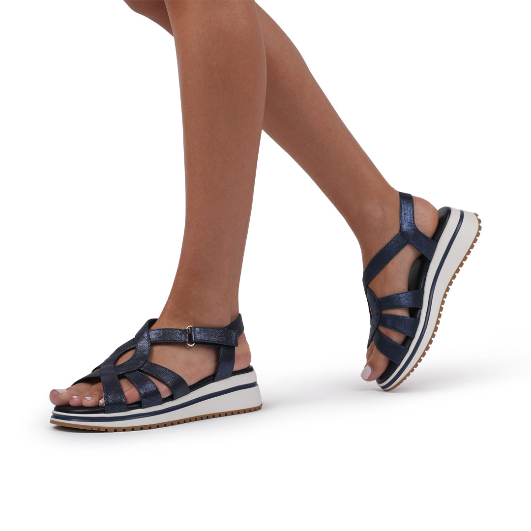 Paradox London Vera Wedge Sandals Navy Shimmer Comfort Fit T-bar Wedge Sandals