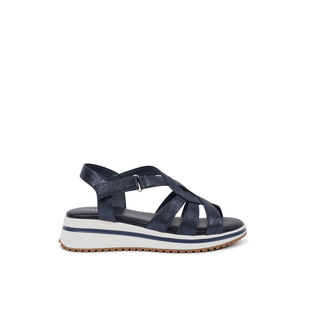 paradox london Vera Wedge Sandals Navy Shimmer Comfort Fit T-bar Wedge Sandals