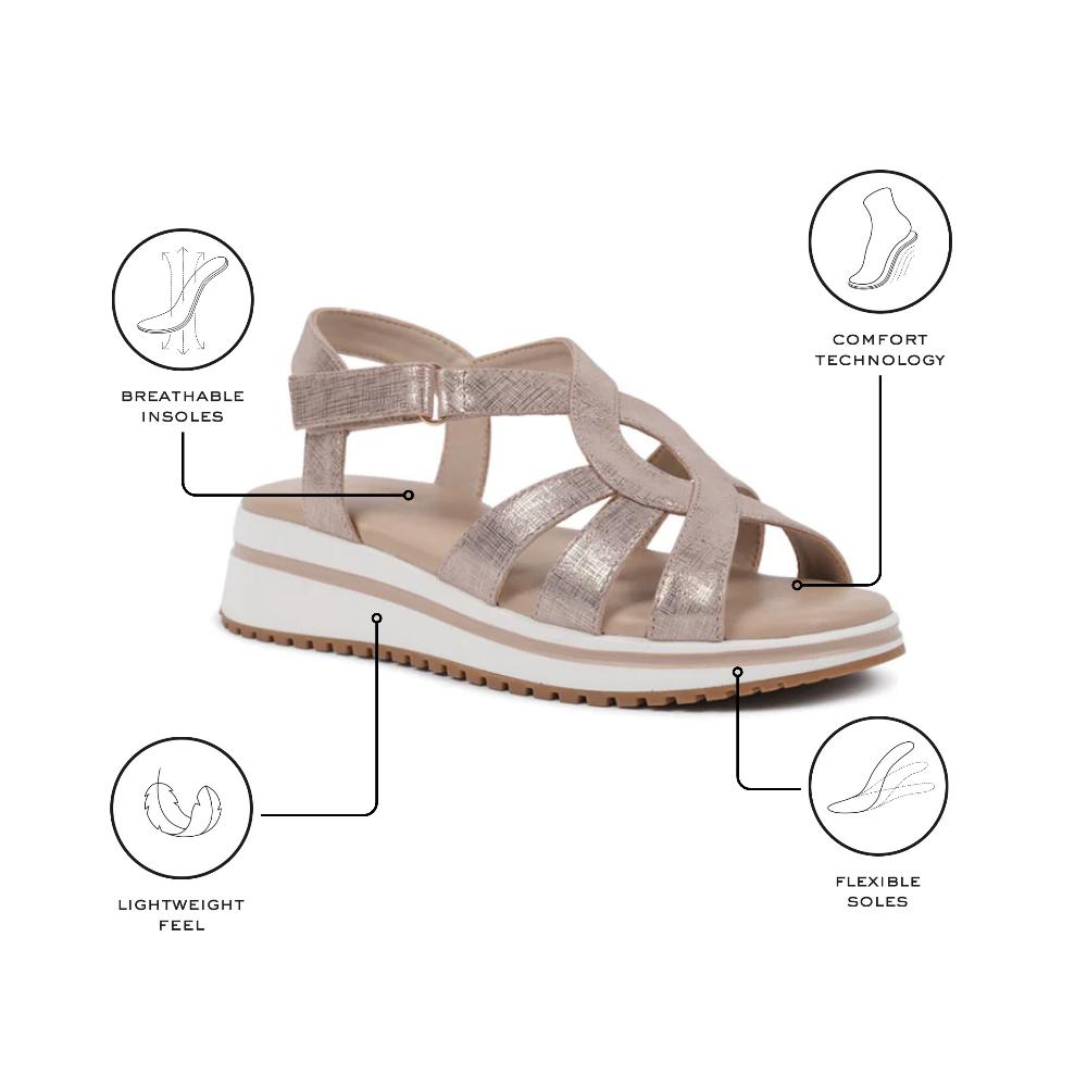 Paradox London Vera Wedge Sandals Nude Shimmer Comfort Fit T-bar Wedge Sandals