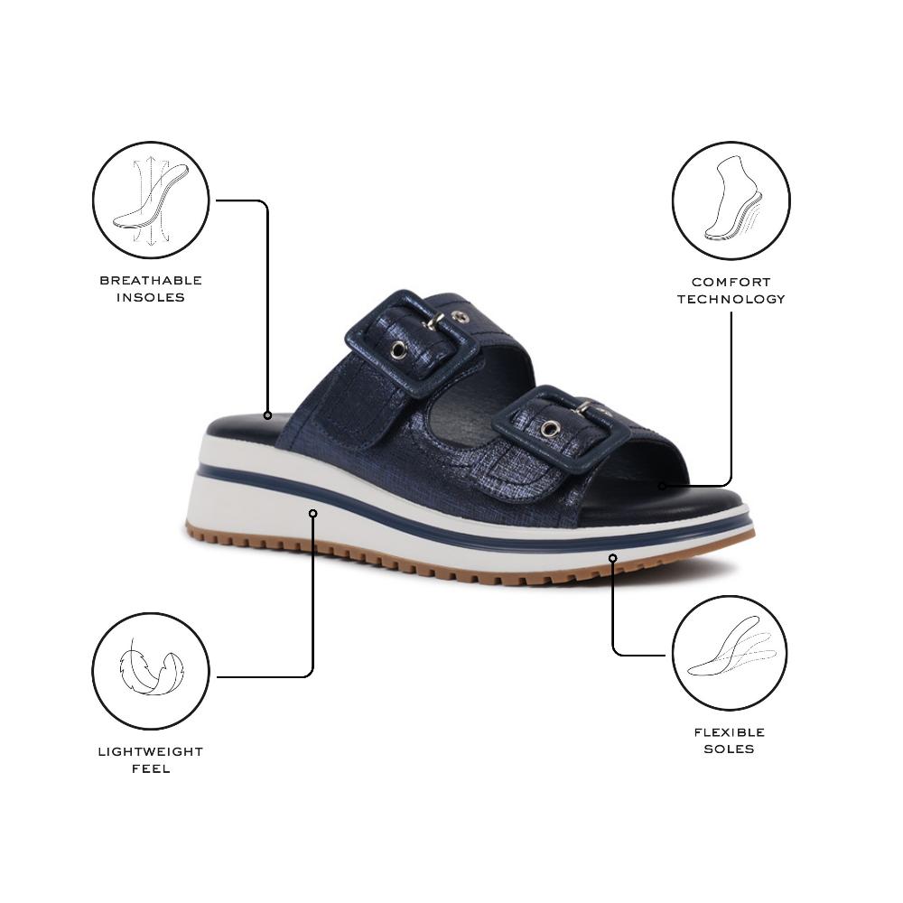 Paradox London Voyage Wedge Sandals Navy Shimmer Comfort Fit Mule Sandals