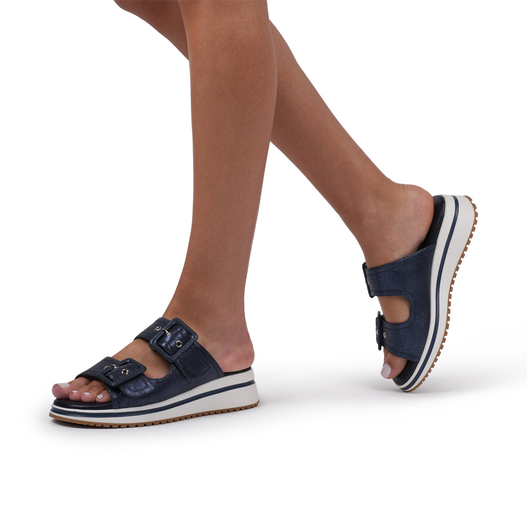 Paradox London Voyage Wedge Sandals Navy Shimmer Comfort Fit Mule Sandals