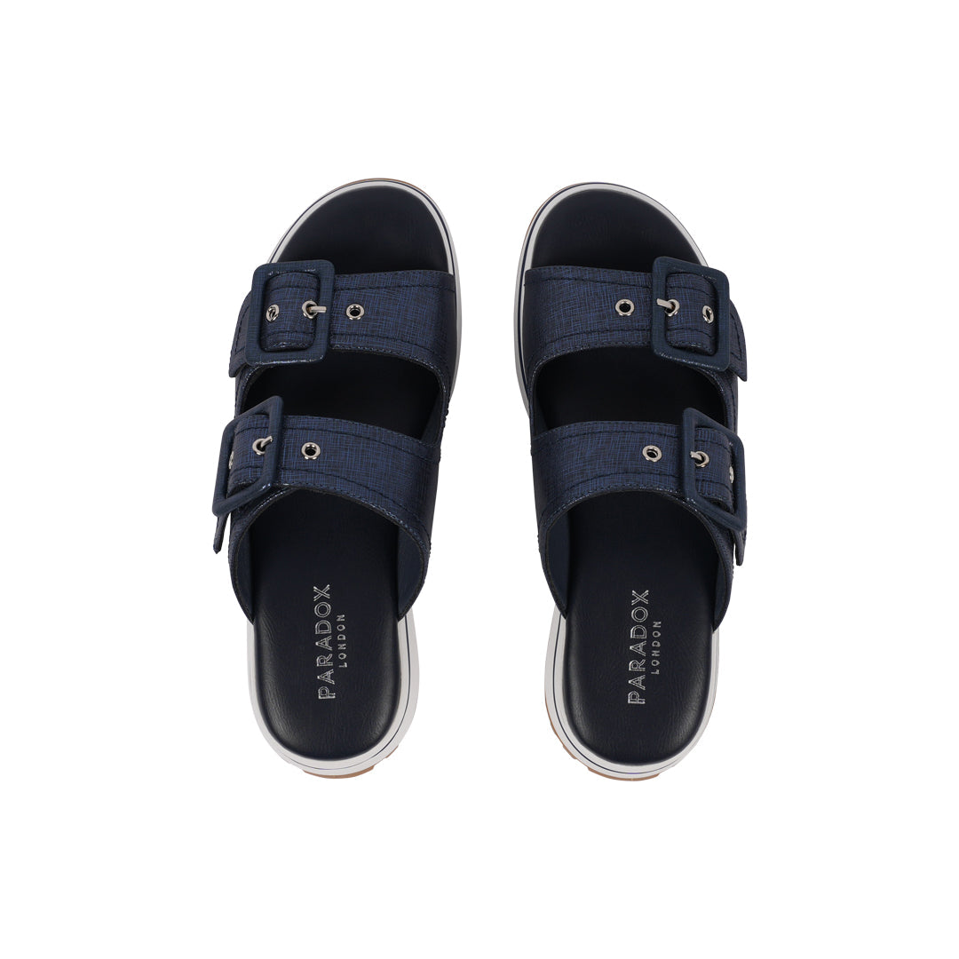 Paradox London Voyage Wedge Sandals Navy Shimmer Comfort Fit Mule Sandals