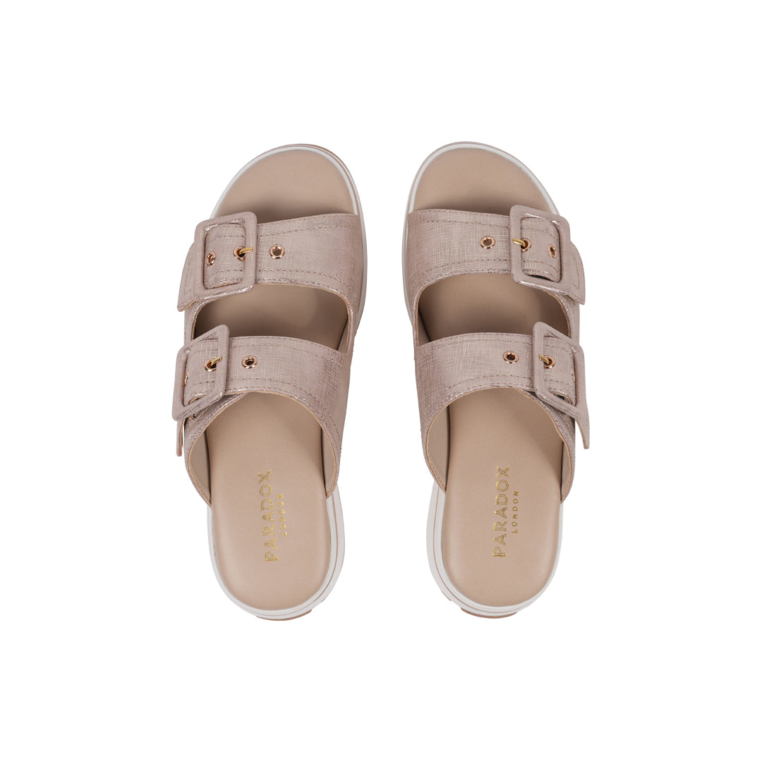 Paradox London Voyage Wedge Sandals Nude Shimmer Comfort Fit Mule Sandals