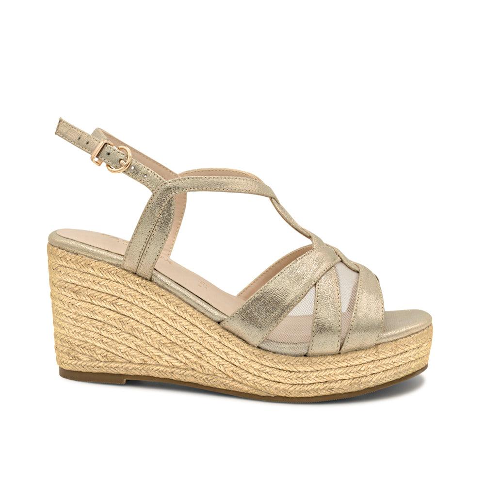 paradox london Yanelli Wide Fit Sandals Champagne Shimmer Wide Fit Wedge Espadrilles