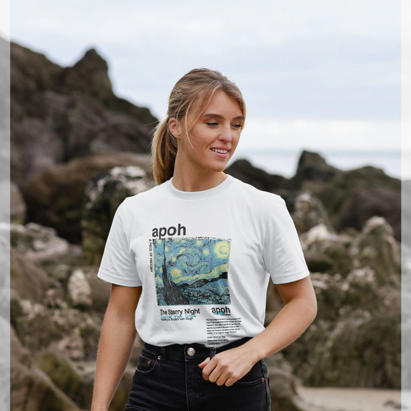 parka london apoh Van Gogh Starry Night Text White T-Shirt