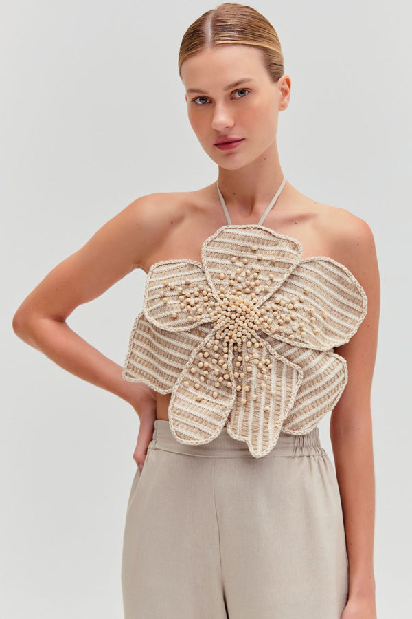 patbo CANDY LINEN HAND BEADED FLOWER TOP