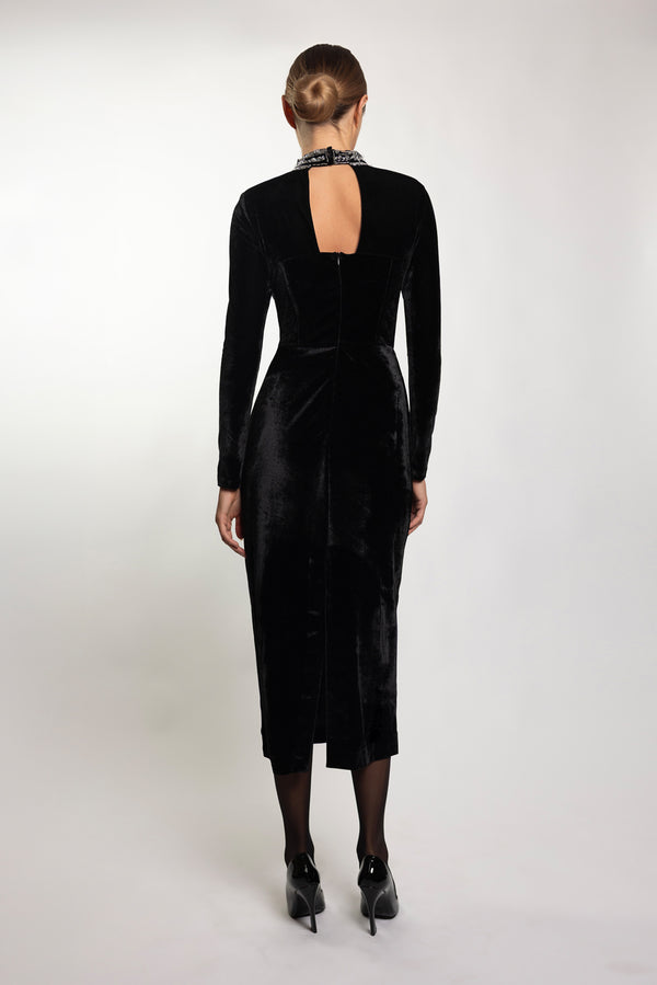 Patbo HAND-BEADED VELVET BUSTIER MIDI DRESS