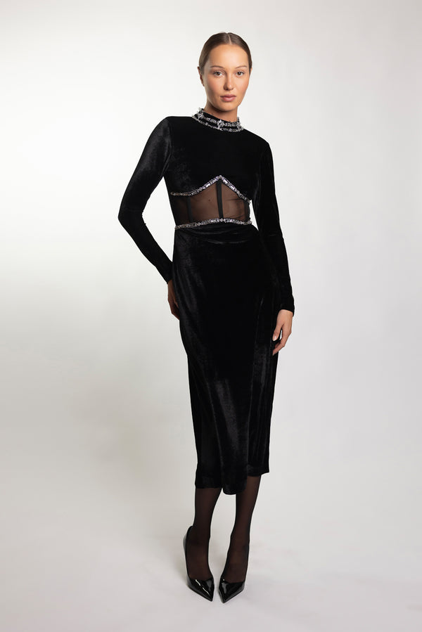 patbo HAND-BEADED VELVET BUSTIER MIDI DRESS