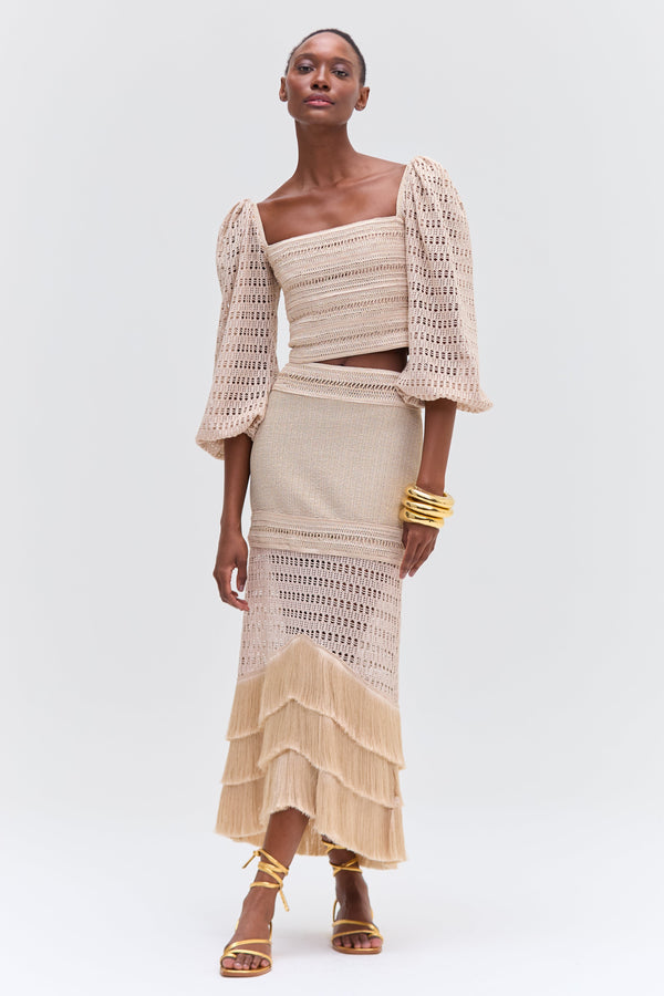 patbo LUREX KNIT AND FRINGE LONG SKIRT