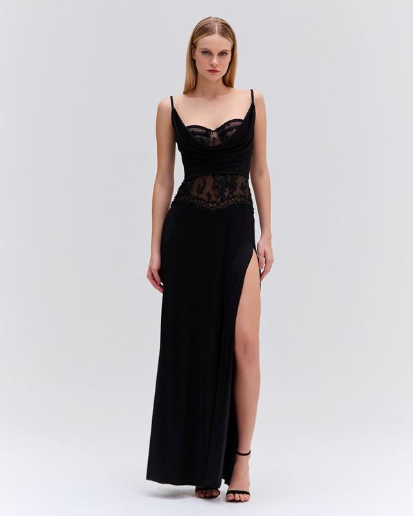 patbo Metallic Jersey Lace Bustier Gown