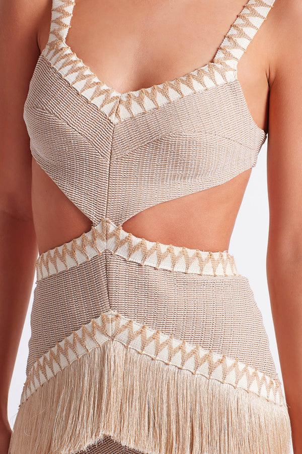 Patbo Metallic Knit Maxi Dress With Fringe Trim