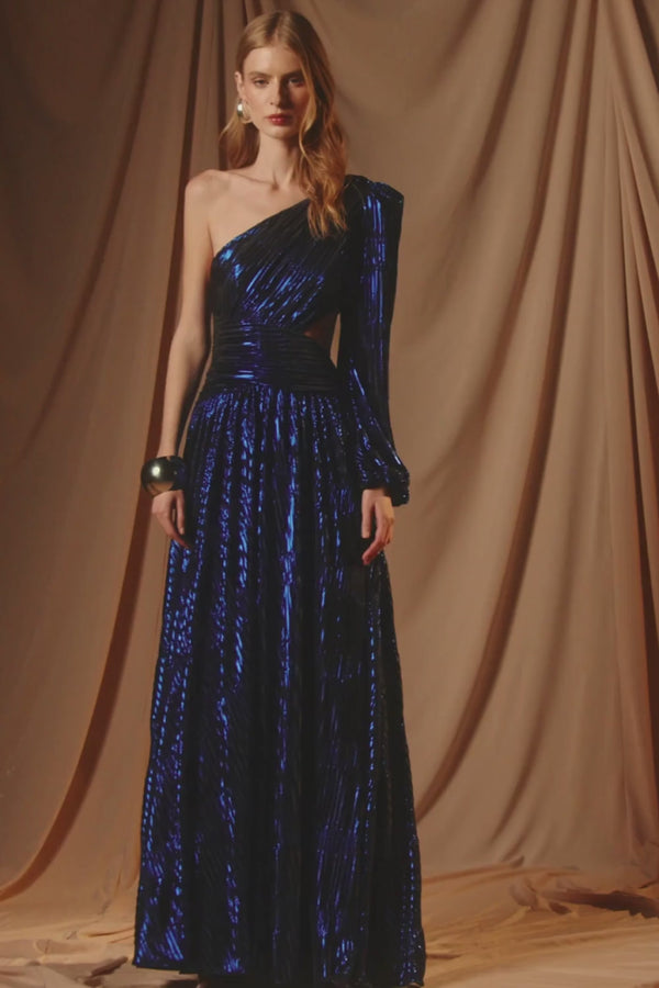 Patbo METALLIC PLISSE ONE SHOULDER GOWN