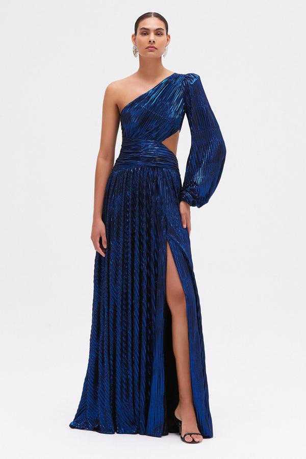 patbo METALLIC PLISSE ONE SHOULDER GOWN