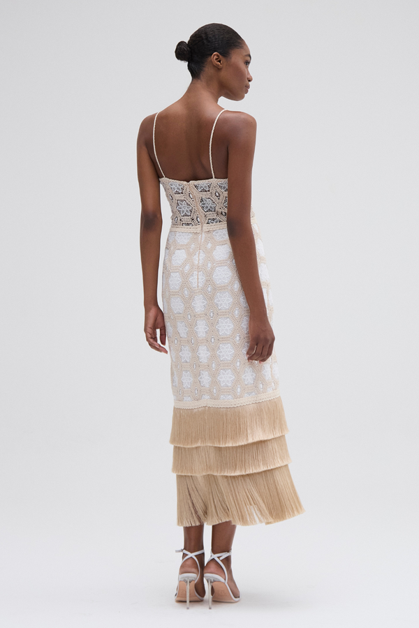 Patbo NATURAL CROCHET PLUNGE MIDI DRESS