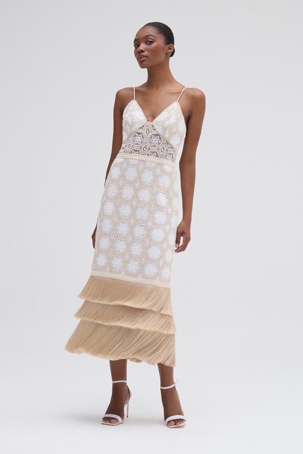 patbo NATURAL CROCHET PLUNGE MIDI DRESS