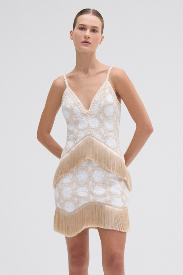 patbo NATURAL CROCHET PLUNGE MINI DRESS