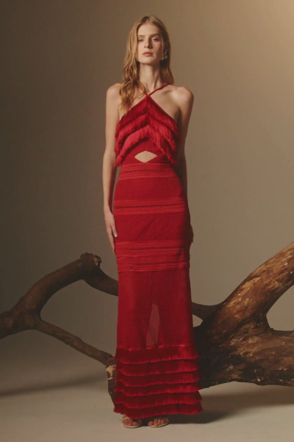Patbo RADIANT FRINGE HALTERNECK MAXI DRESS