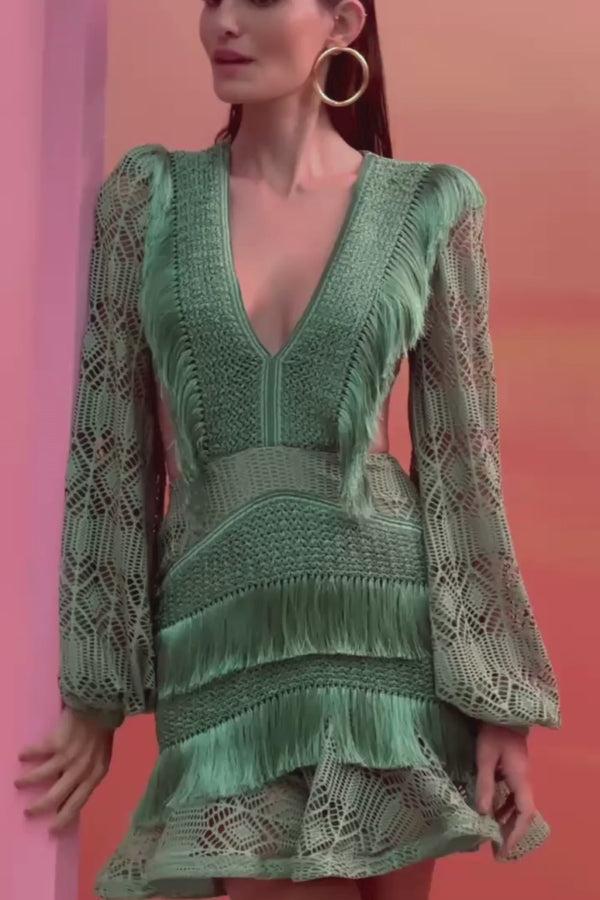 Patbo SAMBA FRINGE LONG SLEEVE MINI DRESS