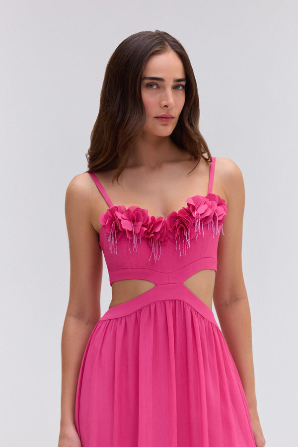 Patbo SILK PLISSE FLOWER APPLIQUE LONG DRESS