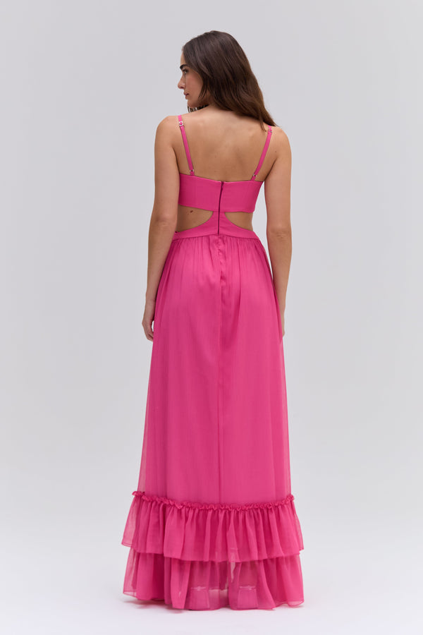 Patbo SILK PLISSE FLOWER APPLIQUE LONG DRESS