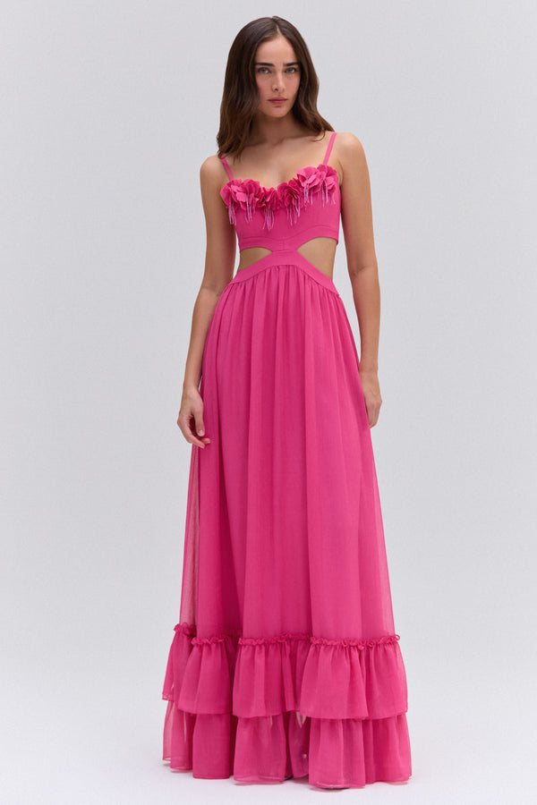 patbo SILK PLISSE FLOWER APPLIQUE LONG DRESS