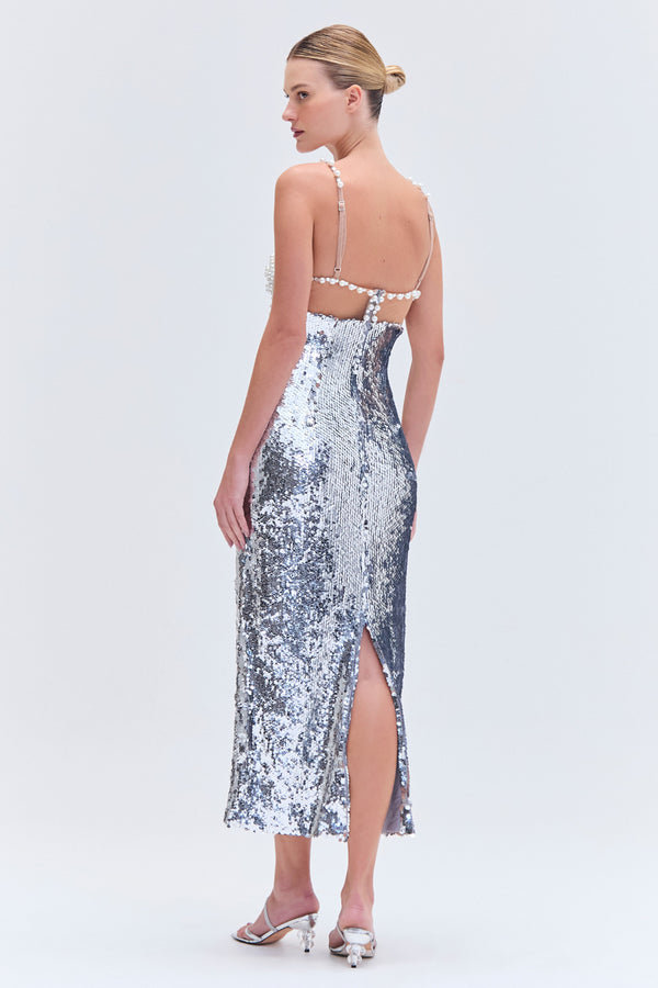 Patbo SILVER SEQUIN BEADED MIDI DRESS