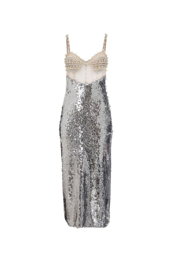 Patbo SILVER SEQUIN BEADED MIDI DRESS