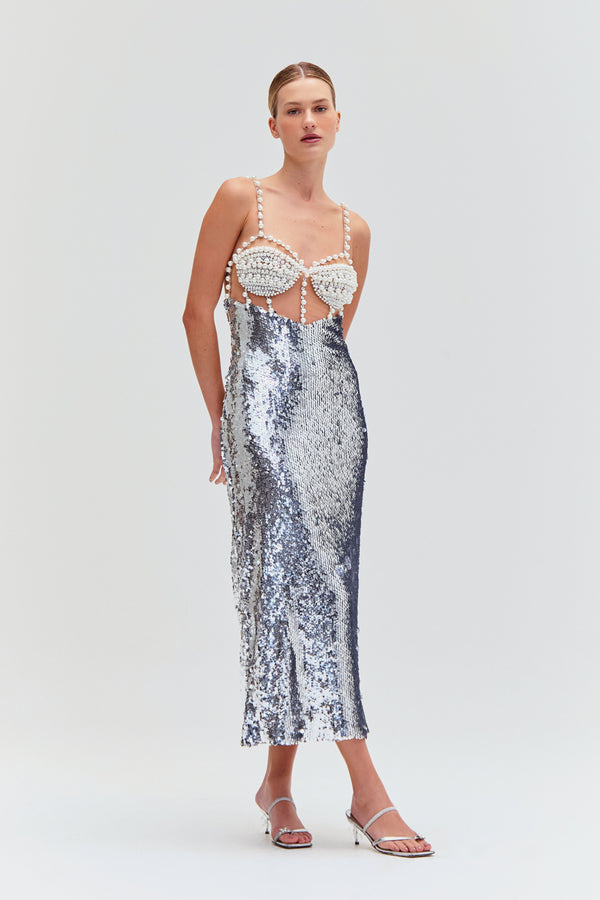 patbo SILVER SEQUIN BEADED MIDI DRESS