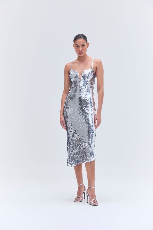 Patbo SILVER SEQUIN MIDI DRESS