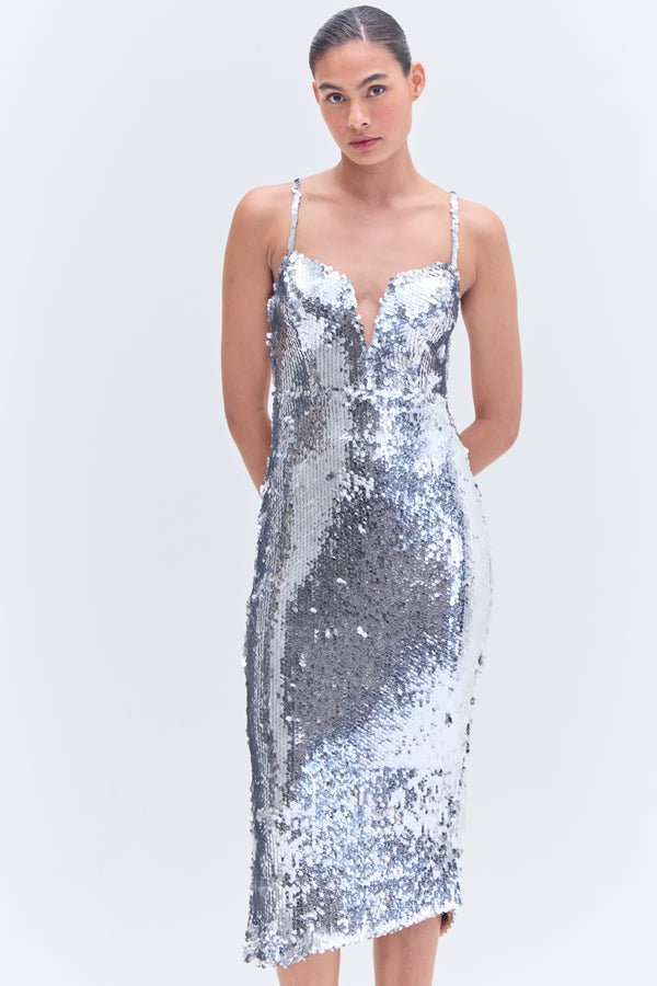 patbo SILVER SEQUIN MIDI DRESS