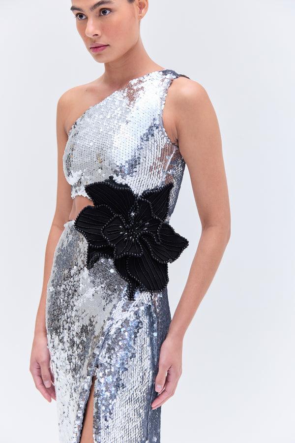 Patbo SILVER SEQUIN ONE SHOULDER GOWN