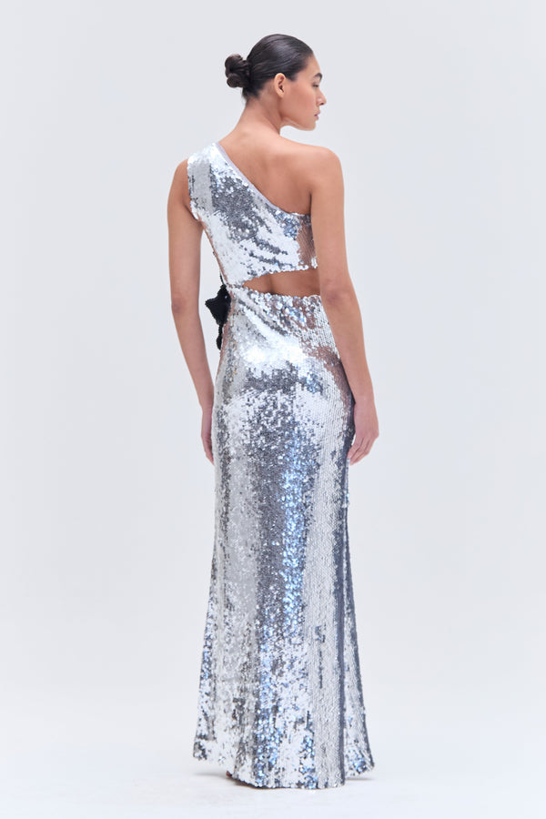 Patbo SILVER SEQUIN ONE SHOULDER GOWN