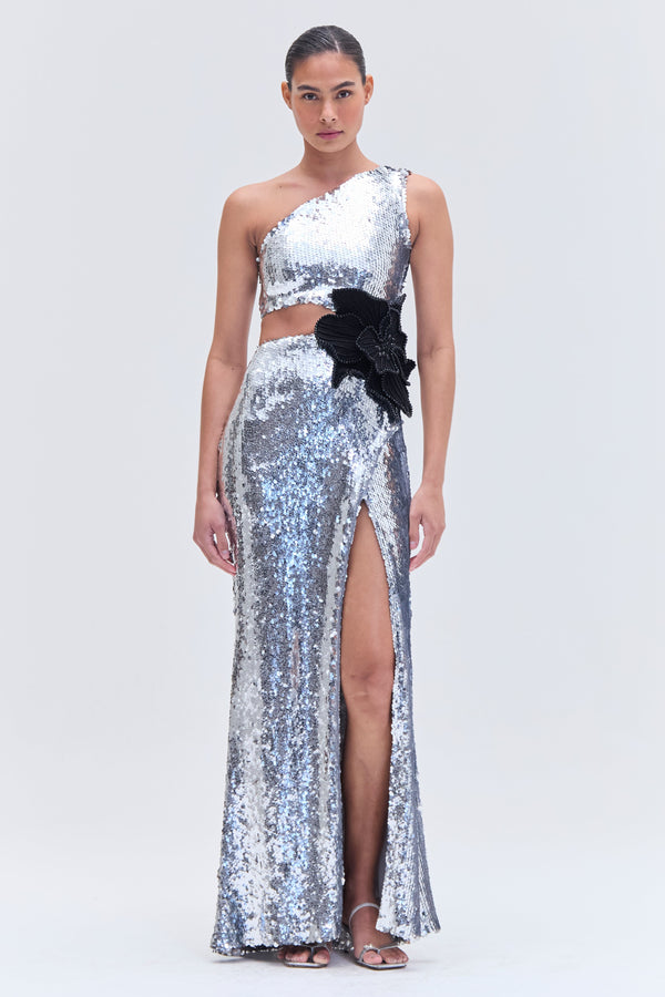 patbo SILVER SEQUIN ONE SHOULDER GOWN