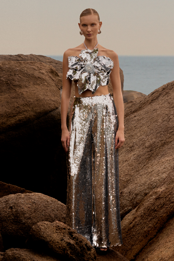 Patbo SILVER SEQUIN WIDE LEG PANT