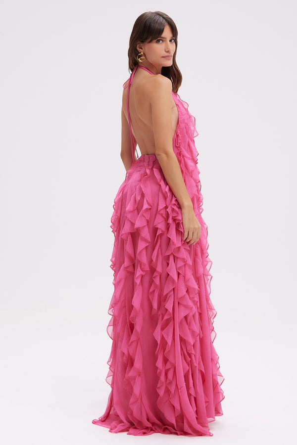 Patbo SILK PLISSE LONG DRESS HALTERNECK FLORAL COLLAR