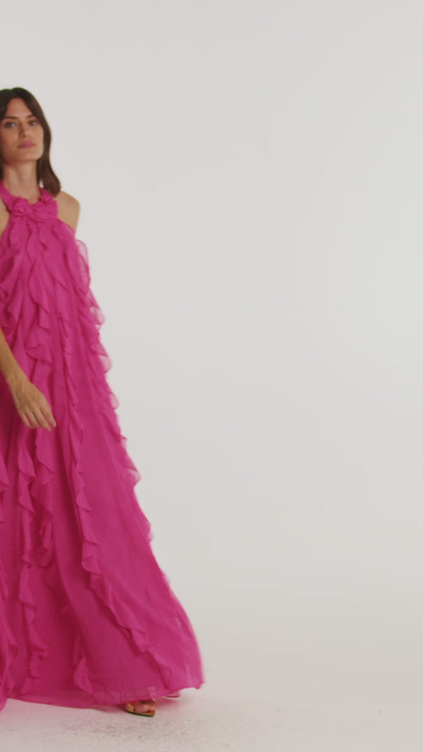 Patbo SILK PLISSE LONG DRESS HALTERNECK FLORAL COLLAR