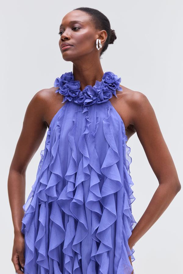 Patbo SILK PLISSE LONG DRESS HALTERNECK FLORAL COLLAR