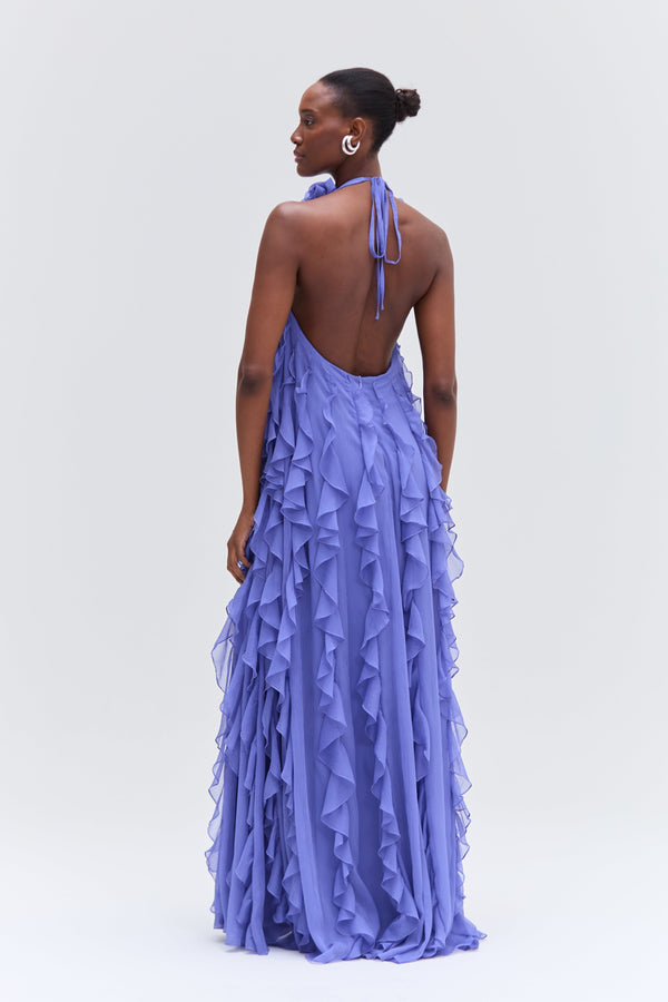 Patbo SILK PLISSE LONG DRESS HALTERNECK FLORAL COLLAR